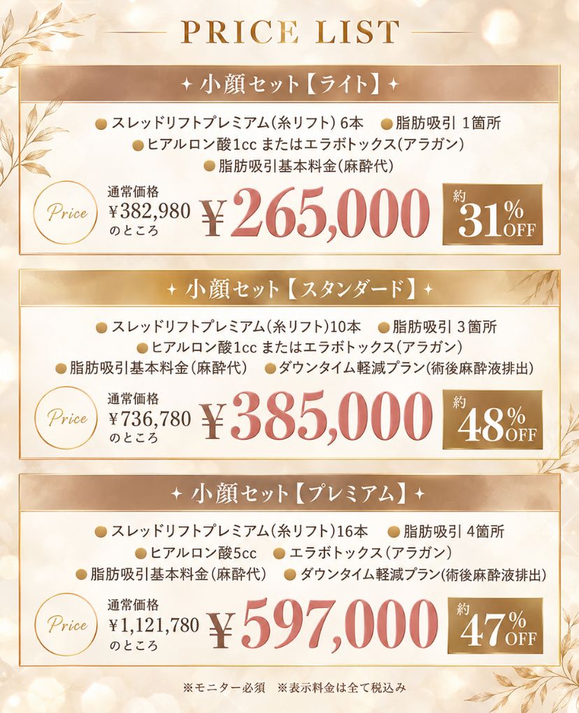 小顔セットメニューの料金表